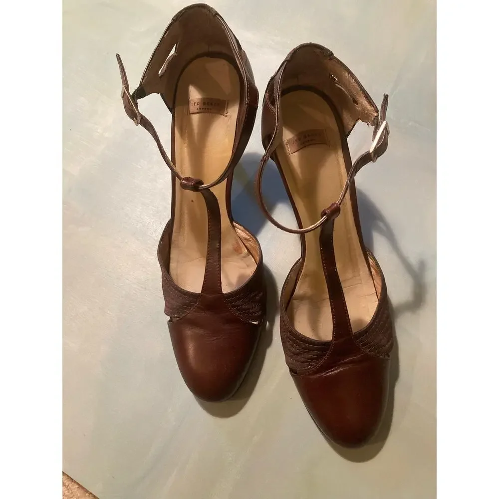 Ted Baker T-Strap Heels Vintage 00s 1940's Vibe ~ Leather & Satin! Sz 40 - Picture 3 of 10